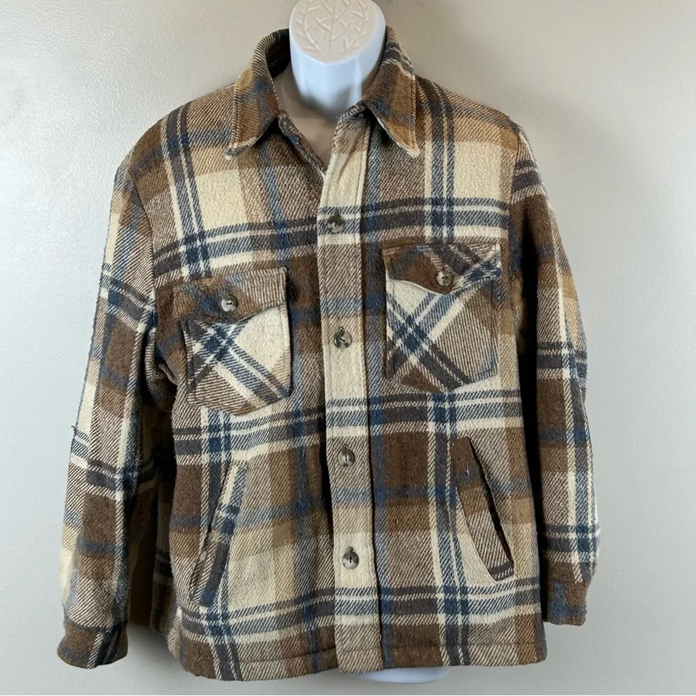 Vintage Sears Outerwear Jacket Mens Large Tan Plaid‎ Insulated Jacket 70s 80s